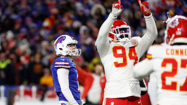 The Kansas City Chiefs celebrate after Bills kicker Tyler Bass missed a game-tying field goal with less than two minutes left in their AFC divisional playoff Sunday.